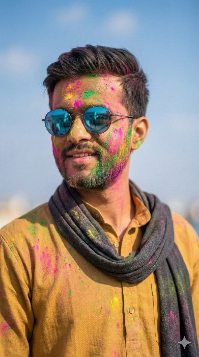 Young Man Celebrating Vibrant Holi Festival with Colors Gemini Prompt