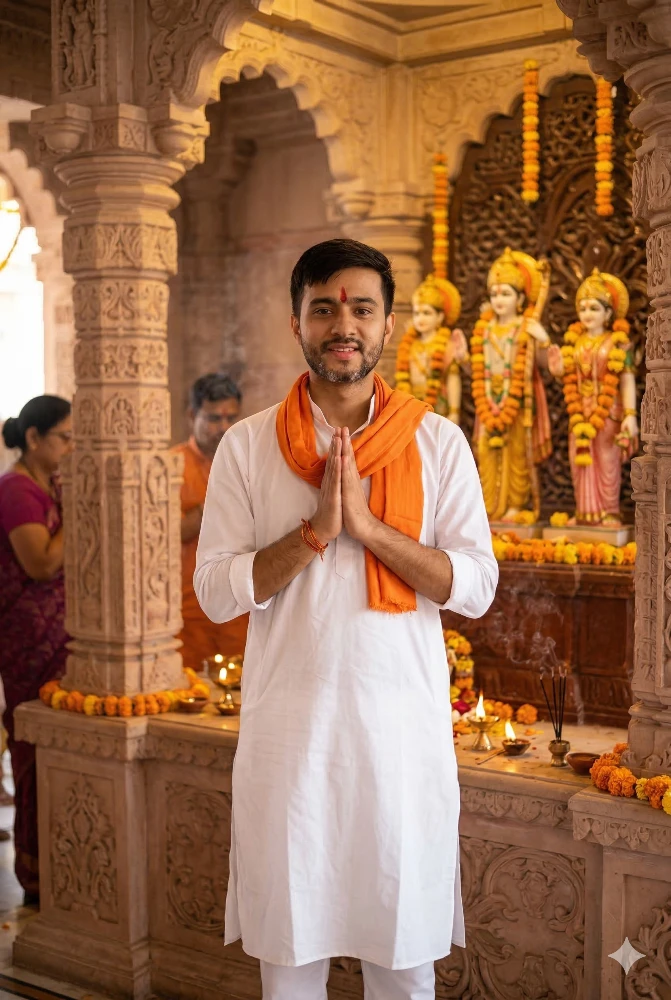 Young Man in Traditional Indian Attire Offering Prayers in Ram Mandir