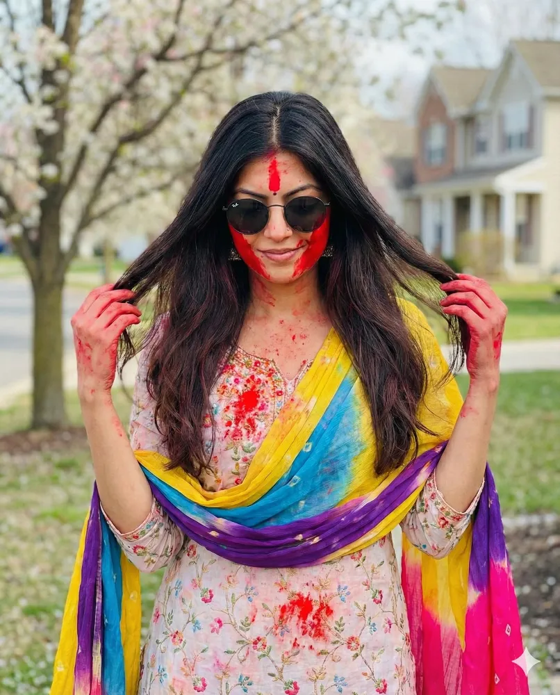 Young Woman Celebrating Holi Festival with Red Gulal and Colorful Traditional Attire
