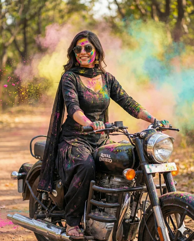 Young Woman in Black Kurta Celebrating Holi on a Royal Enfield Motorcycle